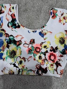 Floral Scoop Neck Crop Top - White with Multi-Color Print